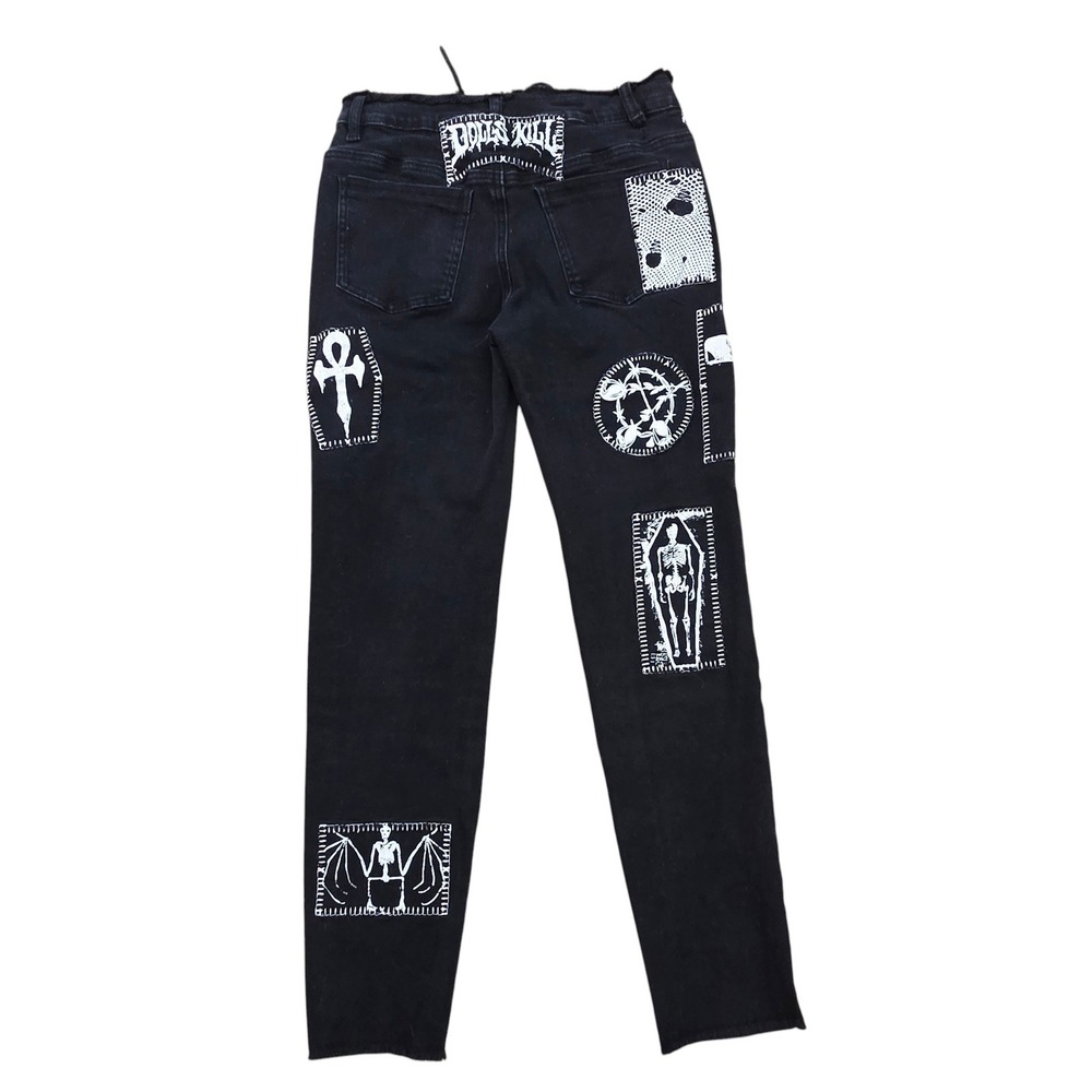 Current Mood Dolls Kill Black Jeans Womens Medium Patch Lace Up Punk Goth Skinny - Picture 3 of 16